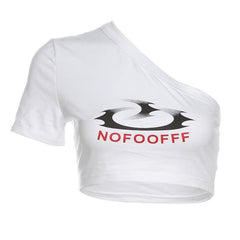 Short sleeve one shoulder letter pattern top