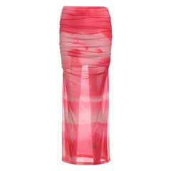 Ruched print contrast mesh slit maxi skirt