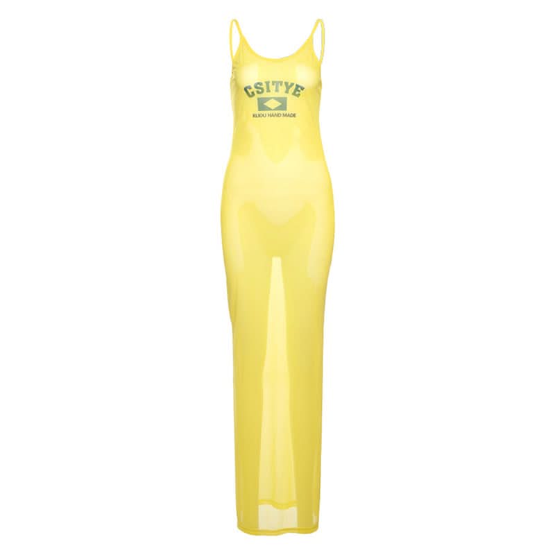 Sheer mesh letter pattern u neck cami maxi dress