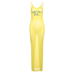 Sheer mesh letter pattern u neck cami maxi dress
