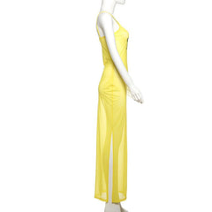 Sheer mesh letter pattern u neck cami maxi dress
