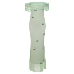 Off shoulder ruffle flower applique ruched maxi dress