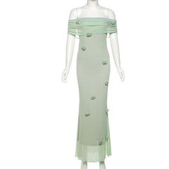 Off shoulder ruffle flower applique ruched maxi dress