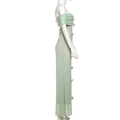 Off shoulder ruffle flower applique ruched maxi dress