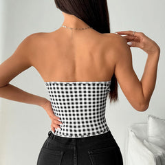 Sweetheart neck plaid bowknot top