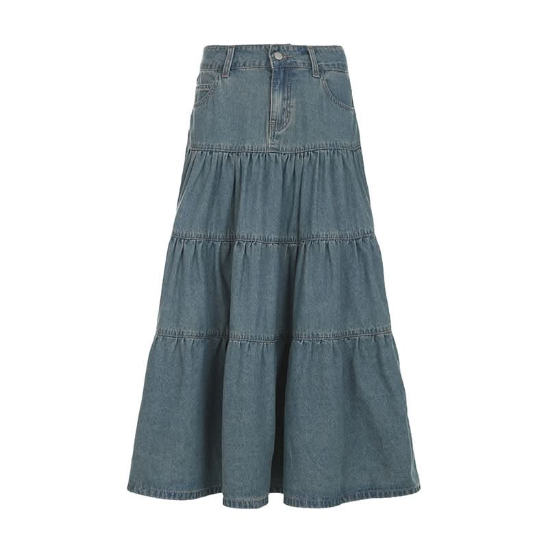 Ruched button pocket denim maxi skirt