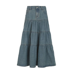 Ruched button pocket denim maxi skirt