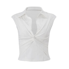 Turnover collar ruched cap sleeve top