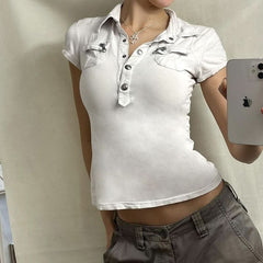 Turnover collar short sleeve button top