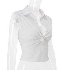 Turnover collar ruched cap sleeve top