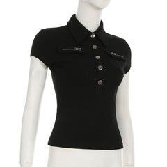 Turnover collar short sleeve button top