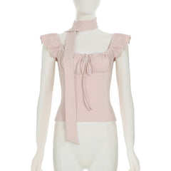 Square neck self tie ruched cap sleeve top