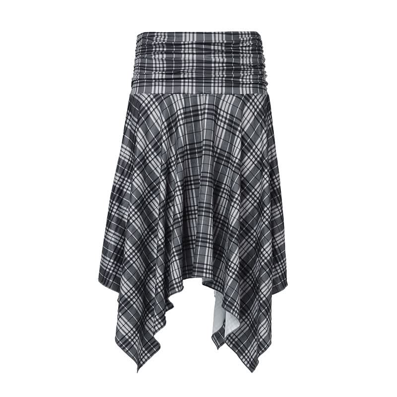 Plaid irregular ruched midi skirt