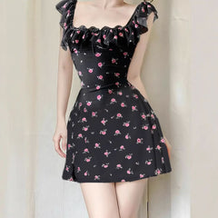 Square neck bowknot flower print ruffle mini dress