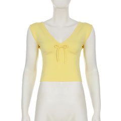 V neck bowknot cap sleeve top