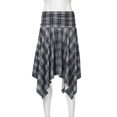 Plaid irregular ruched midi skirt