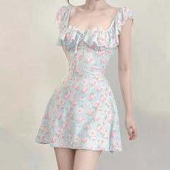 Square neck bowknot flower print ruffle mini dress