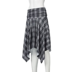 Plaid irregular ruched midi skirt