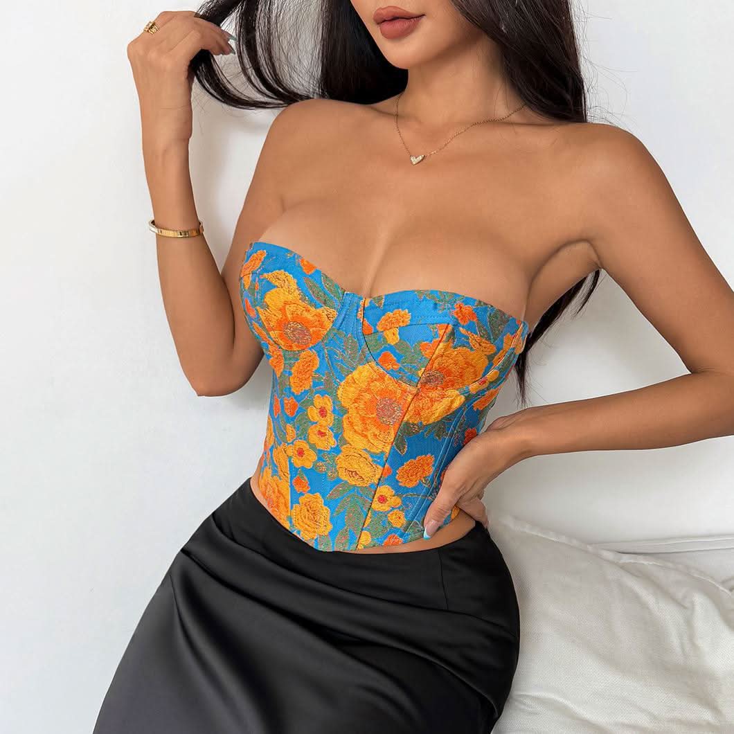 Flower print sweetheart corset lace up top