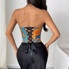 Flower print sweetheart corset lace up top