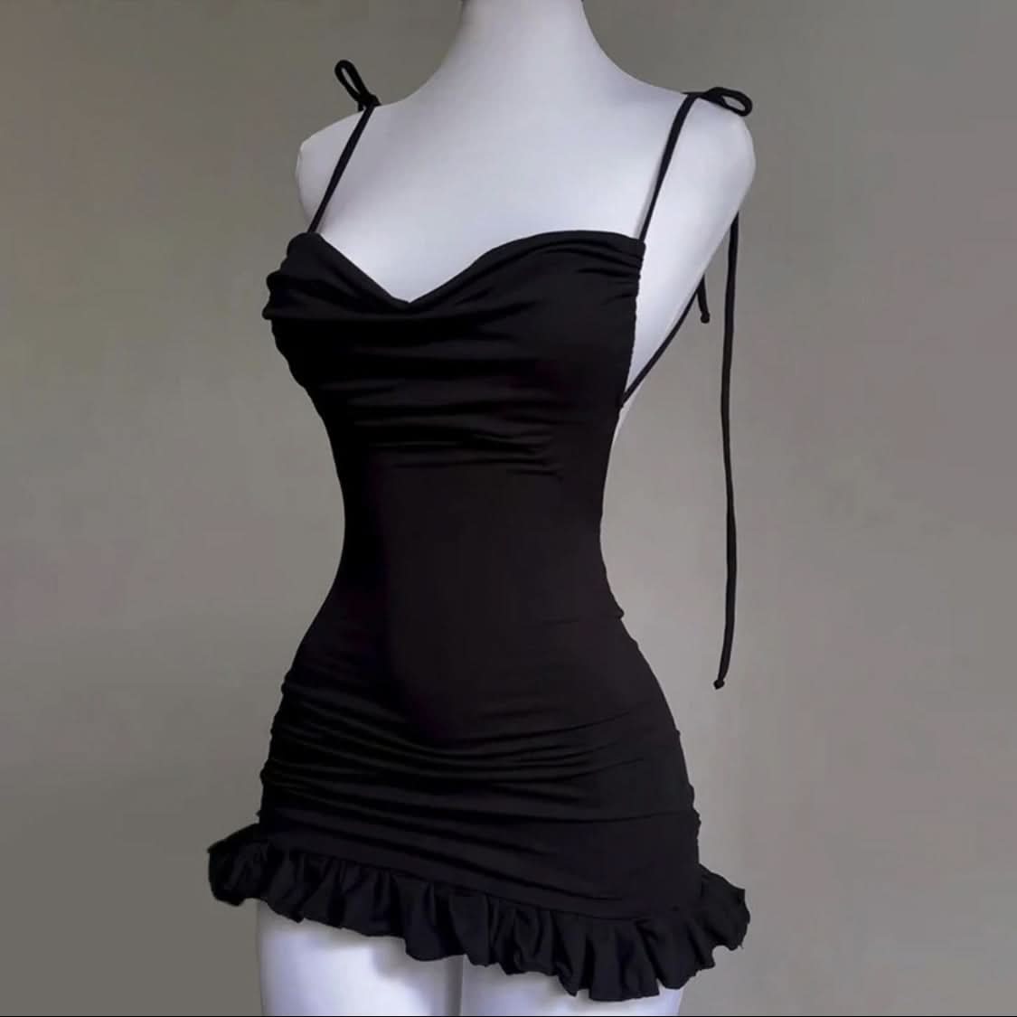 Cowl neck backless ruffle self tie cami mini dress