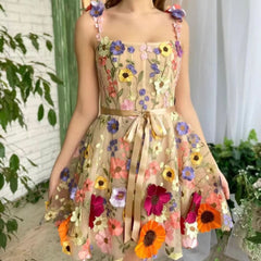 Embroidery flower applique cami mini dress