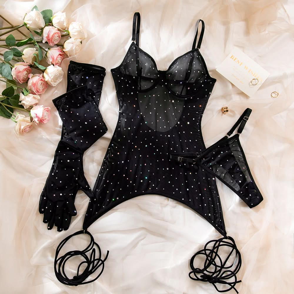 Beaded gloves self tie cami mini dress