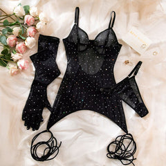 Beaded gloves self tie cami mini dress