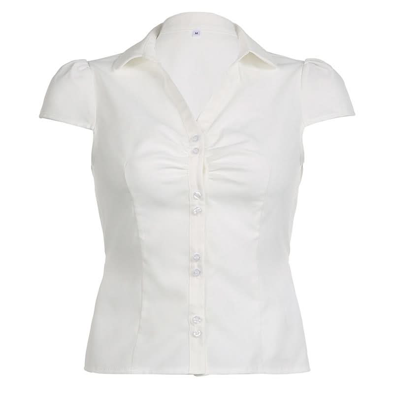 Turnover collar short sleeve ruched button pocket top