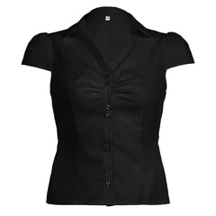 Turnover collar short sleeve ruched button pocket top