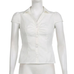 Turnover collar short sleeve ruched button pocket top