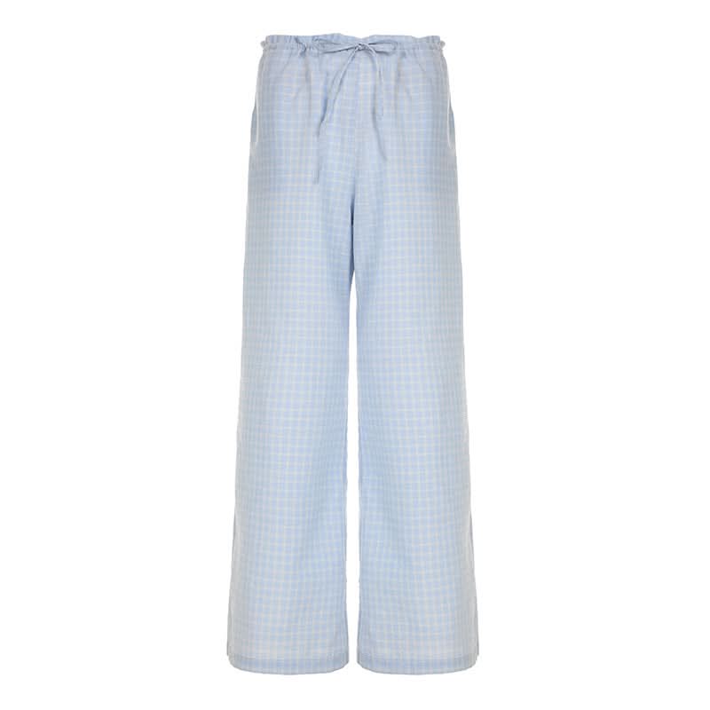 Plaid self tie embroidery self tie wide leg pant