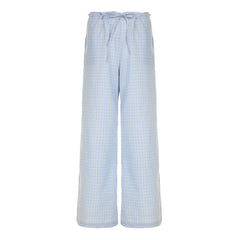 Plaid self tie embroidery self tie wide leg pant