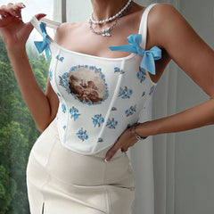 Flower print corset bowknot lace up cami top