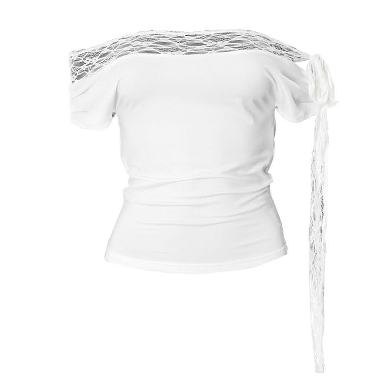 Off shoulder lace hem self tie irregular top