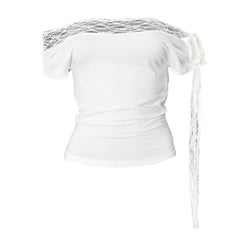 Off shoulder lace hem self tie irregular top