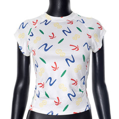 Crewneck cap sleeve print stitch ruched top