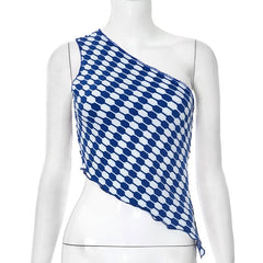 Irregular one shoulder print contrast crop top