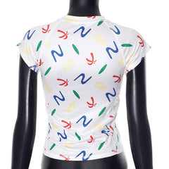Crewneck cap sleeve print stitch ruched top