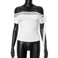 Off shoulder lace hem self tie irregular top