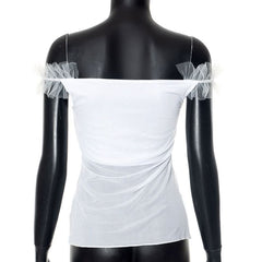 White mesh slit ruffle off shoulder top