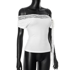 Off shoulder lace hem self tie irregular top