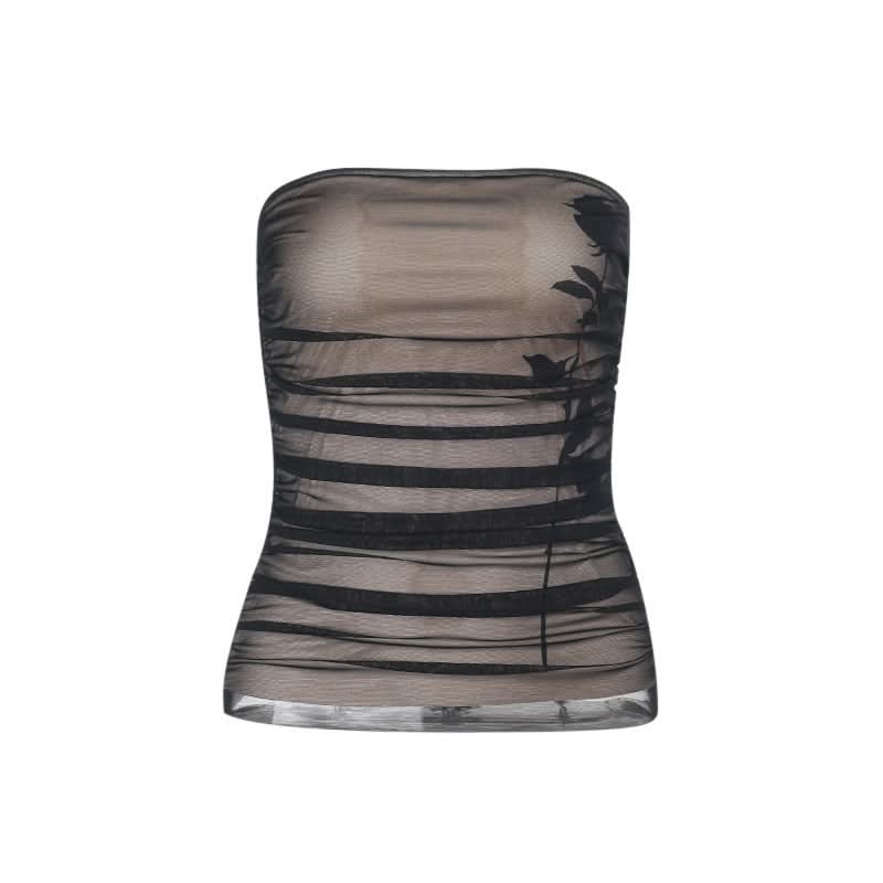 Ruched mesh flower pattern tube top