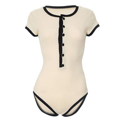Button ribbed short sleeve round neck bodysuit