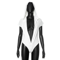 Hoodie short sleeve button deep v neck bodysuit