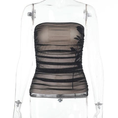 Ruched mesh flower pattern tube top