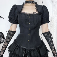 Short sleeve button lace hem pleated top