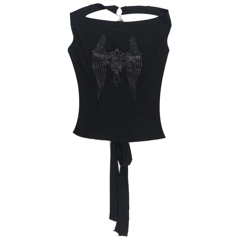 Cowl neck beaded cross pattern backless top