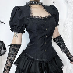Short sleeve button lace hem pleated top