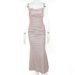 Ruched square neck backless cami midi dress